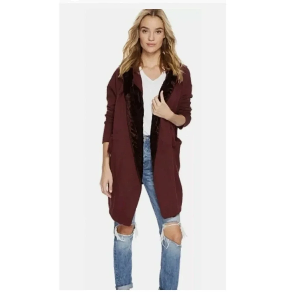 Free People Westwood Cardigan Size S Burgundy Velvet Trim Cloak Hood Dark Berry